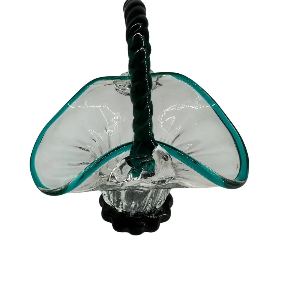 Vintage Hand Blown Art Glass Basket Teal Blue Rim Rope Handle Murano Style